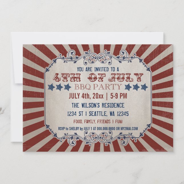 Vintage Rustic 4th of July BBQ Party Invitations (Front)