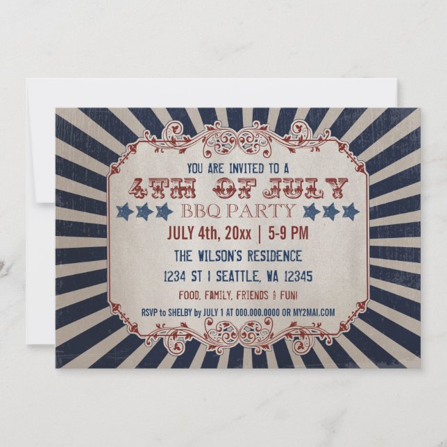 Vintage Rustic 4th of July BBQ Party Invitations (Front)