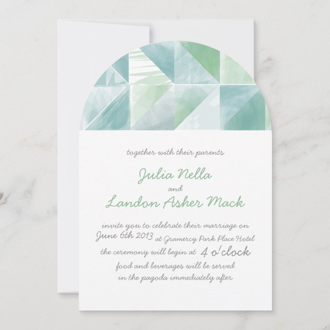 Vintage Rustic Abstract Blue and Mint Wedding Invitation (Back)