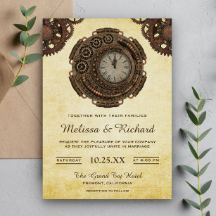 Vintage Rustic Antique Clock Steampunk Wedding Invitation