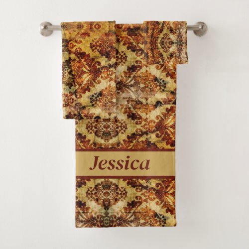 Vintage Rustic Autumn Fall  Brown Damask Bath Towel Set