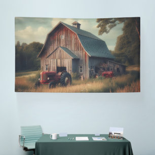 Vintage rustic barn and old tractors banner