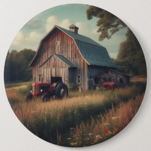 Vintage rustic barn and old tractors button