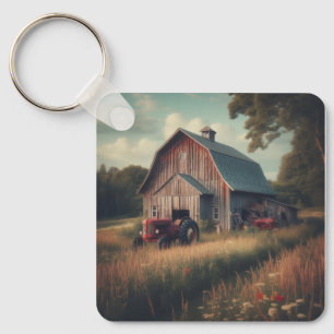 Vintage rustic barn and old tractors keychain