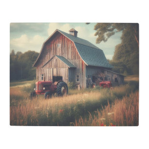 Vintage rustic barn and old tractors metal print