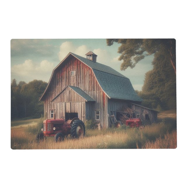 Vintage rustic barn and old tractors placemat (Front)