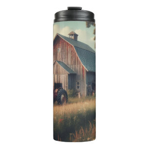 Vintage rustic barn and old tractors thermal tumbler