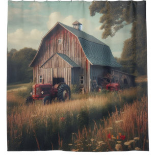 vintage/rustic barn & tractor art shower curtain