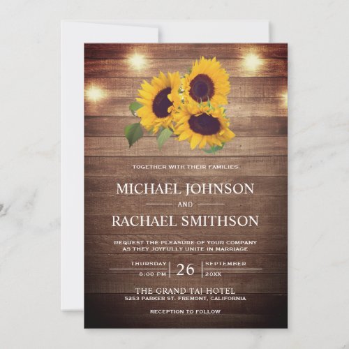 Vintage Rustic Barn Wood Lights Sunflower Wedding Invitation