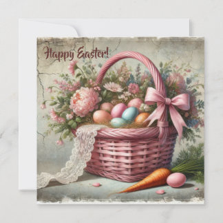 Vintage rustic basket with pastel eggs and carrots holiday card