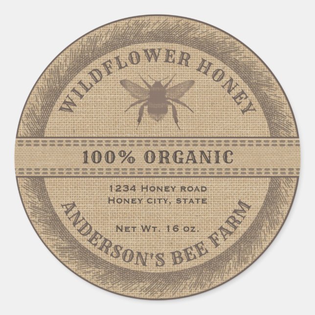 Vintage rustic bee linen honey jar label (Front)