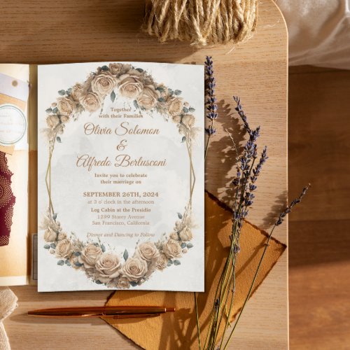 Vintage Rustic Beige Golden Rose Wedding Invitation