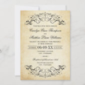 Vintage Rustic Black Flourish Parchment Wedding Invitation (Front)