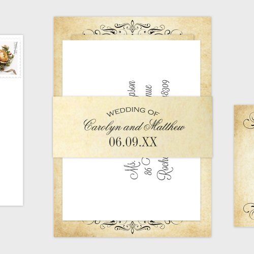 Vintage Rustic Black Flourish Parchment Wedding Invitation Belly Band