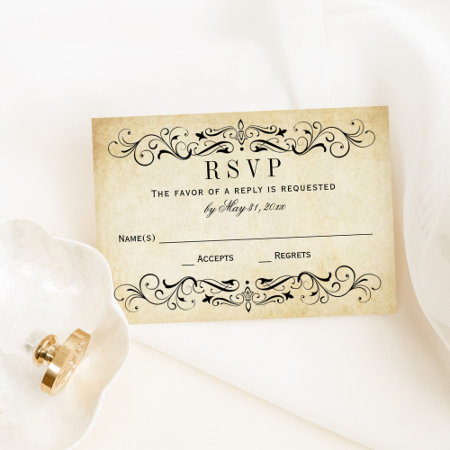 Vintage Rustic Black Flourish Parchment Wedding Rsvp Card