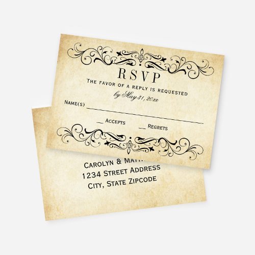 Vintage Rustic Black Flourish Parchment Wedding RSVP Card