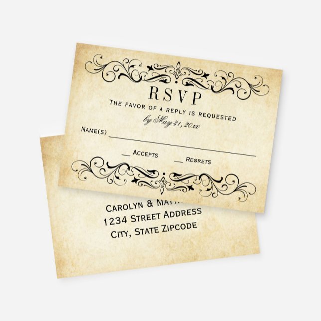 Vintage Rustic Black Flourish Parchment Wedding RSVP Card (Creator Uploaded)