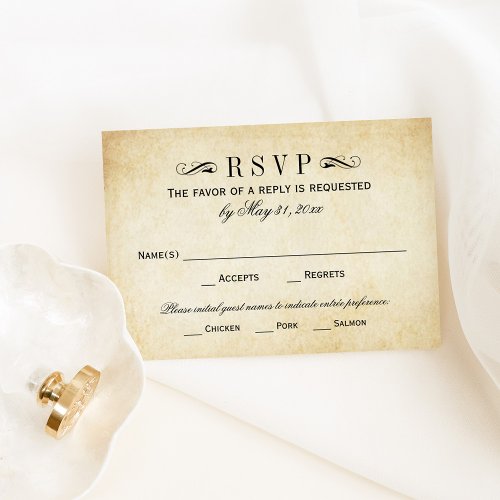 Vintage Rustic Black Flourish Parchment Wedding RSVP Card