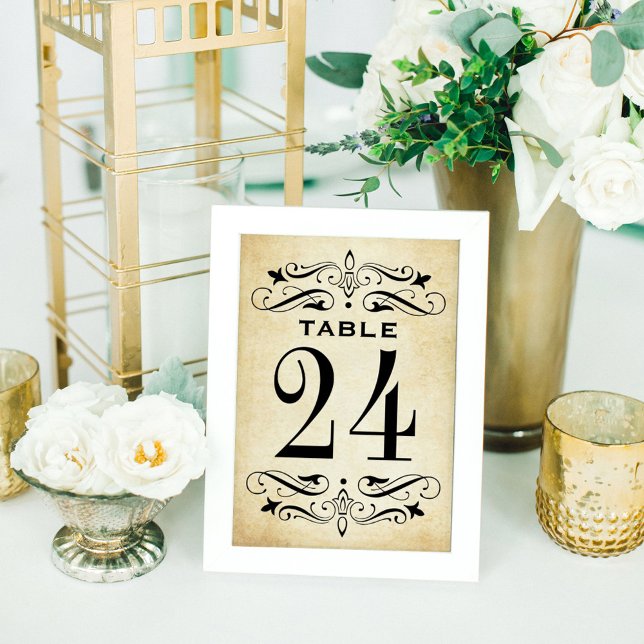Vintage Rustic Black Flourish Parchment Wedding Table Number (Creator Uploaded)