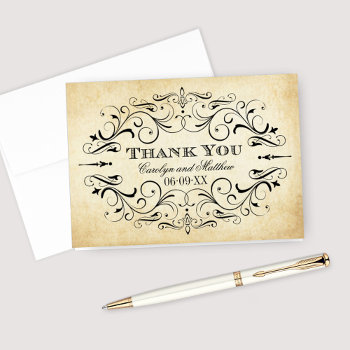 Vintage Rustic Black Flourish Parchment Wedding Thank You Card by Plush_Paper at Zazzle