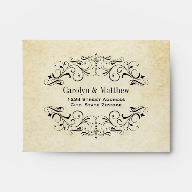 Vintage Rustic Black Flourish Wedding RSVP Envelope (Front)