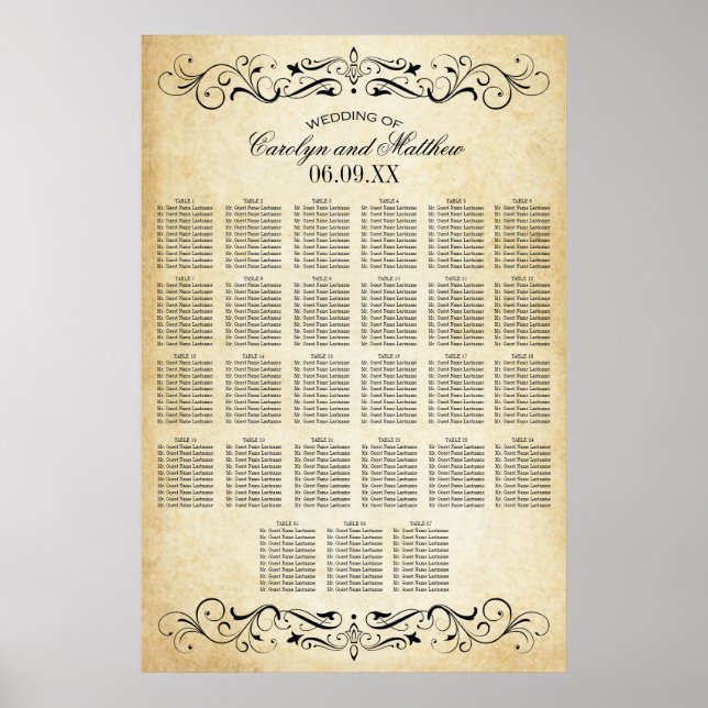 Vintage Rustic Black Flourish Wedding Seating Poster (Front)