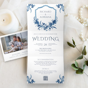 Vintage Rustic Blue Floral Crest QR Code Wedding Tri-Fold Invitation