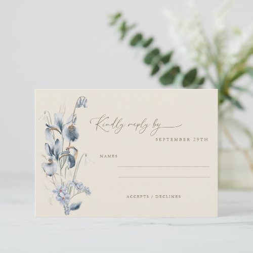Vintage Rustic Blue Floral Minimalist Wedding  RSVP Card