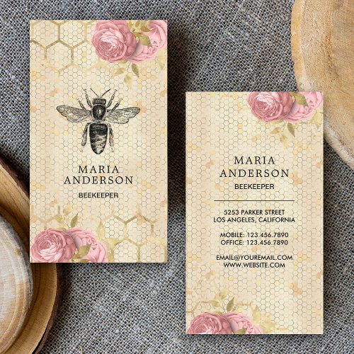 Vintage Rustic Blush Pink Floral Black Honey Bee Business Card