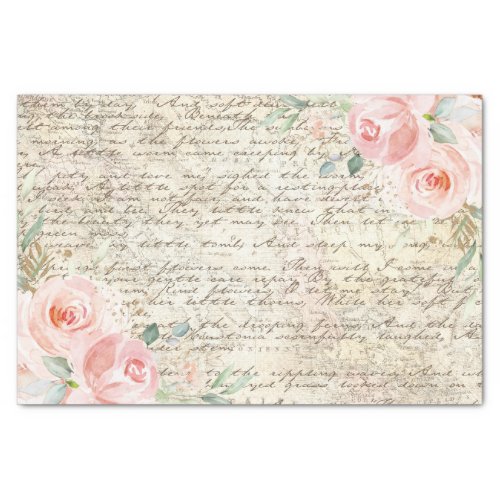 Vintage Rustic Blush Roses Old Letter Decoupage  Tissue Paper