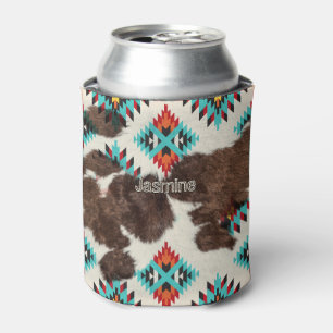 Vintage Rustic Boho Southwestern Cowhide Turquoise Can Cooler