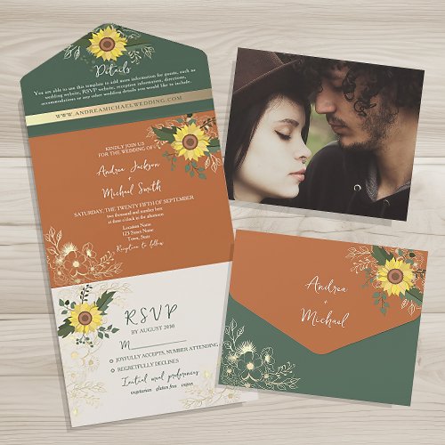 Vintage Rustic Boho Sunflowers Wedding All In One Invitation
