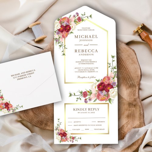 Vintage Rustic Botanical Floral Bouquet Wedding All In One Invitation