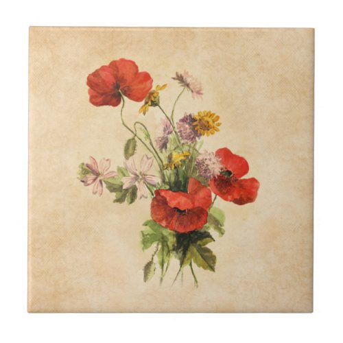 Vintage Rustic Bouquet Red Poppies Wild Flowers Ceramic Tile