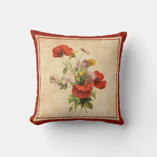 Vintage Rustic Bouquet Red Poppies Wild Flowers Throw Pillow