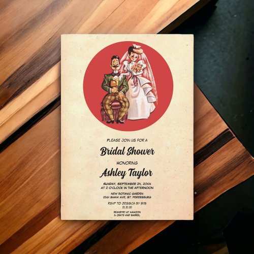 Vintage Rustic Bride Groom 50s Retro Bridal Shower Invitation