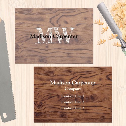 Vintage rustic brown burnt wood Carpenter Monogram Business Card