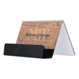 Vintage rustic brown burnt wood Carpenter Monogram Desk Business Card Holder
