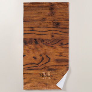 Vintage rustic brown burnt wood Monogram Beach Towel