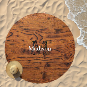 Vintage rustic brown burnt wood Monogram Beach Towel