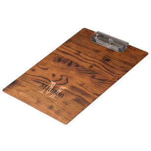 Vintage rustic brown burnt wood Monogram Clipboard