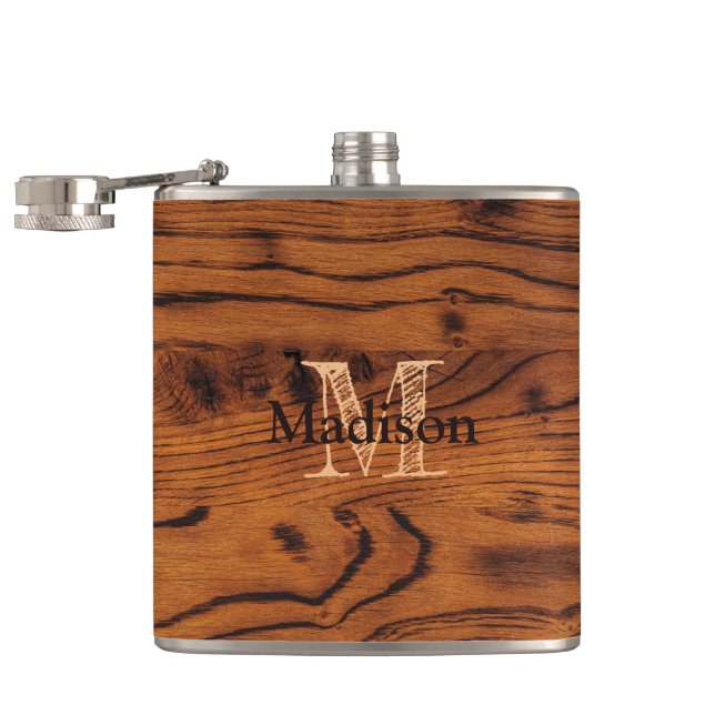 Vintage rustic brown burnt wood Monogram Flask (Opened)