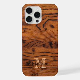 Vintage rustic brown burnt wood Monogram iPhone 15 Pro Max Case