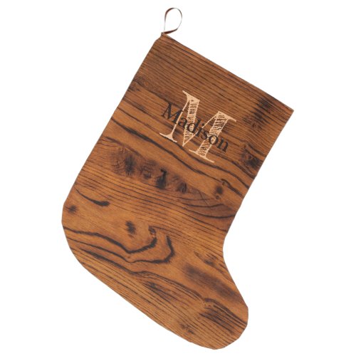 Vintage rustic brown burnt wood Monogram Large Christmas Stocking