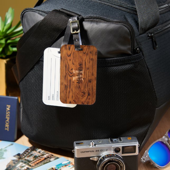 Vintage rustic brown burnt wood Monogram Luggage Tag (Front & Back)