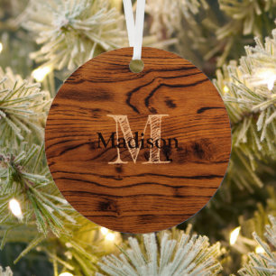Vintage rustic brown burnt wood Monogram Metal Ornament