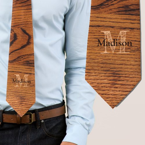 Vintage rustic brown burnt wood Monogram Neck Tie