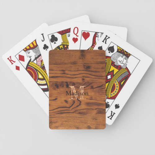 Vintage rustic brown burnt wood Monogram Playing Cards