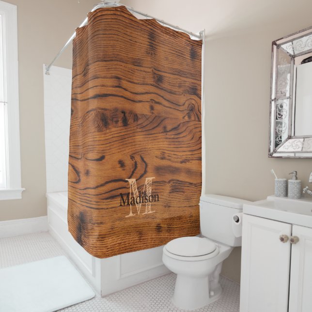Vintage rustic brown burnt wood Monogram Shower Curtain (In Situ)