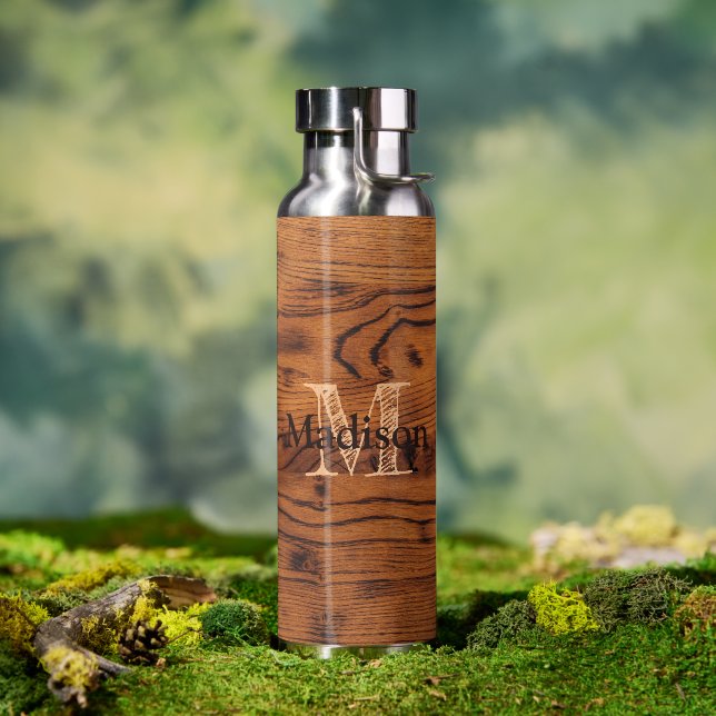 Vintage rustic brown burnt wood Monogram Water Bottle (Outdoor)